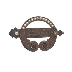 Vintage Victorian Revival Brass Brooch Faux Pearl Amber Glass Cabochons Celtic